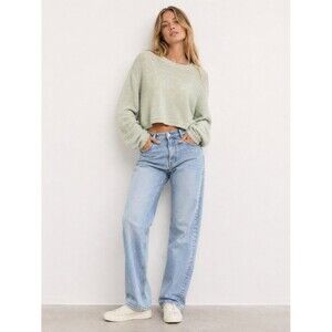 Cotton On 100% Cotton Cropped Sweater Light Green Knit Pullover Size L